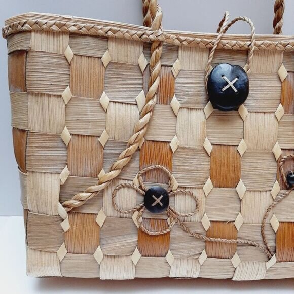Vintage Hand Made Wide Woven Leaf Large Beach Tote Summer Bag Rope Handle Beige - Picture 3 of 15